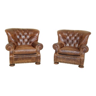 Pair of Tufted Leather Writers Club Chairs For Sale