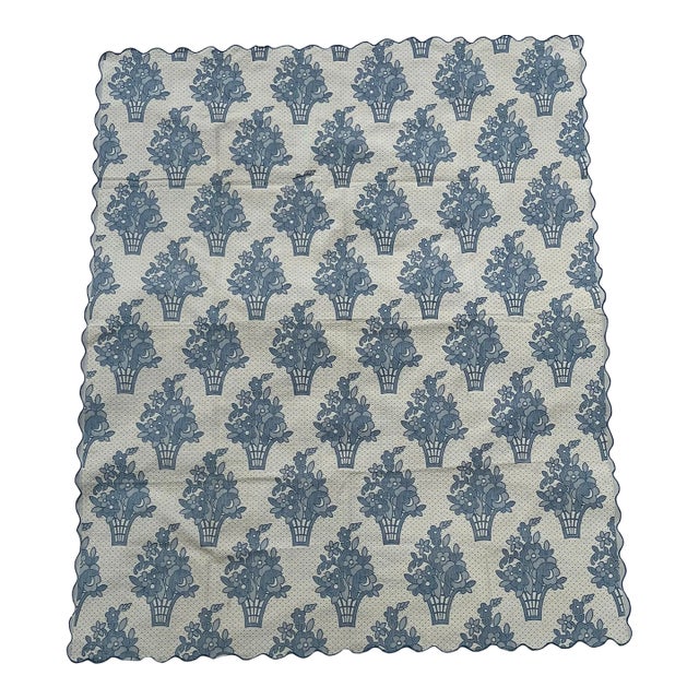 Vintage Blue and White Floral Basket Textile For Sale