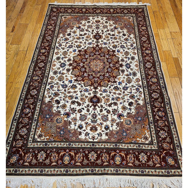 19th Century Fine Tabriz Shirfar Rug, Hand-Knotted Wool & Silk, Floral Pattern, Ivory & Chocolate, 7x10 For Sale - Image 5 of 18