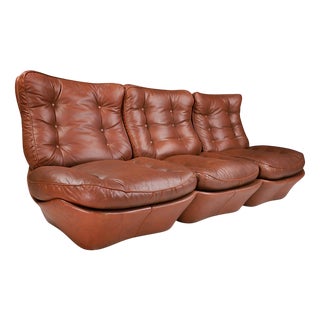 Mid-Century Modern Italian Leather Three-Seat Sofa, 1970s For Sale