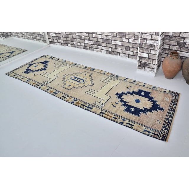 1950s Vintage Anatolian Wool Runner, Hand-Woven Kilim With Deep Blue Geometric and Animal Motifs For Sale - Image 5 of 10