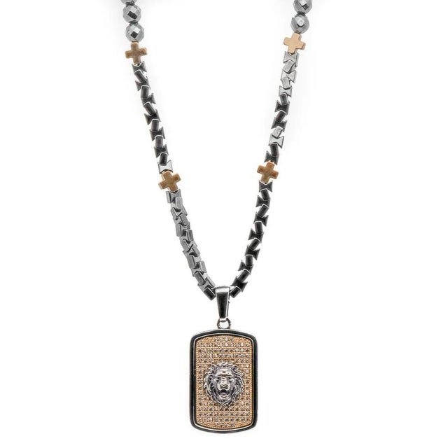 Metal Sterling Silver Lion Pendant Hematite Stone Beaded Men's Necklace For Sale - Image 7 of 9