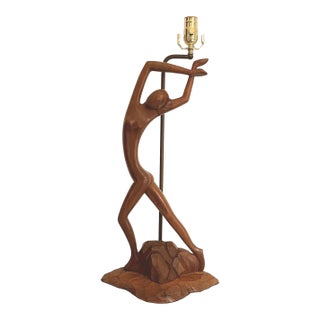 Mid Century Figural Teak Lamp For Sale