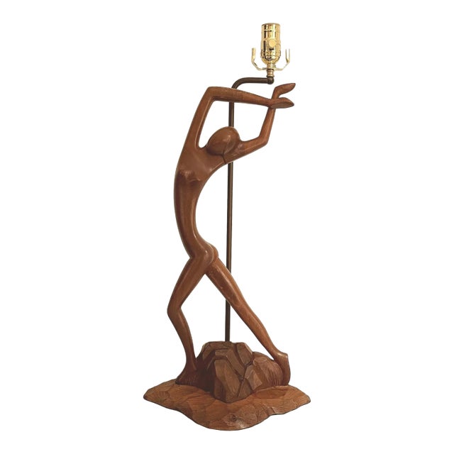 Mid Century Figural Teak Lamp For Sale