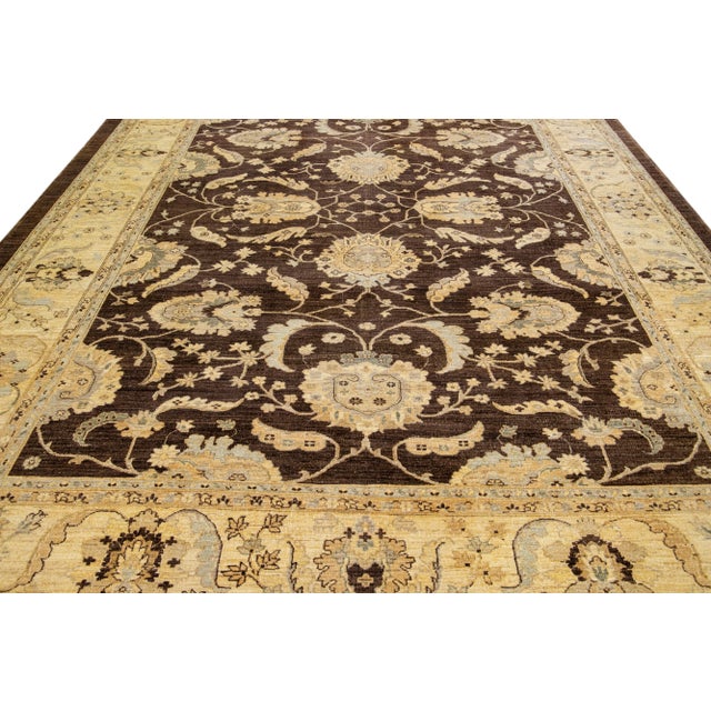 Modern Modern Peshawar Handmade Palmettes Motif Brown Wool Rug For Sale - Image 3 of 9