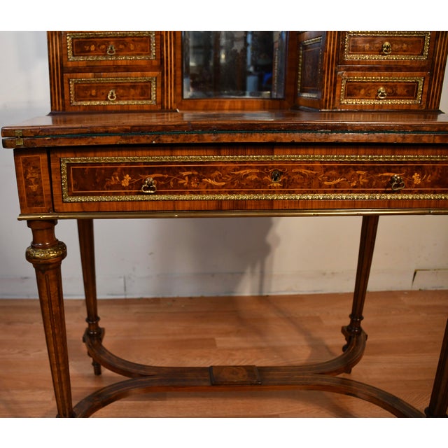 1900s Antique French Louis XVI Burl Walnut Satinwood Inlay Writing Desk For Sale - Image 6 of 18