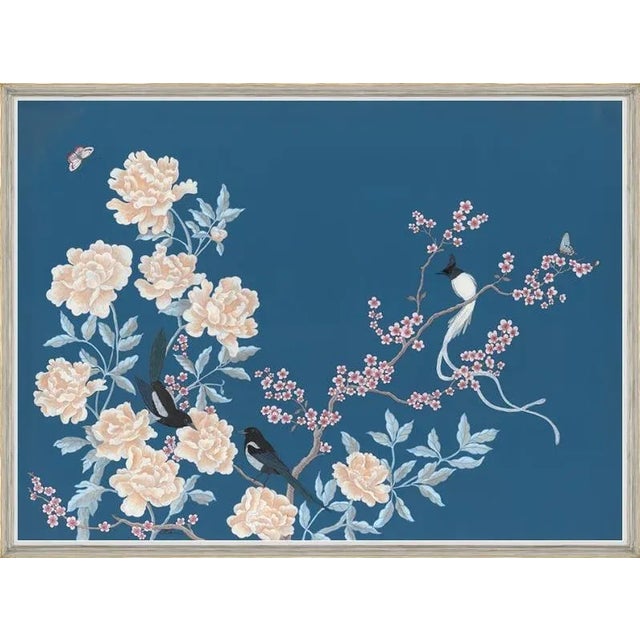 "Chinoiserie Chic" Blue Peonies Birds Art Print by Allison Cosmos For Sale