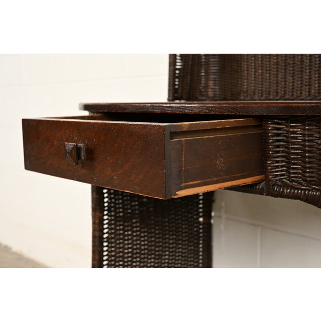 Wood Heywood-Wakefield Antique Arts & Crafts Mission Oak & Rattan Wicker Writing Desk | Circa 1890s For Sale - Image 7 of 15
