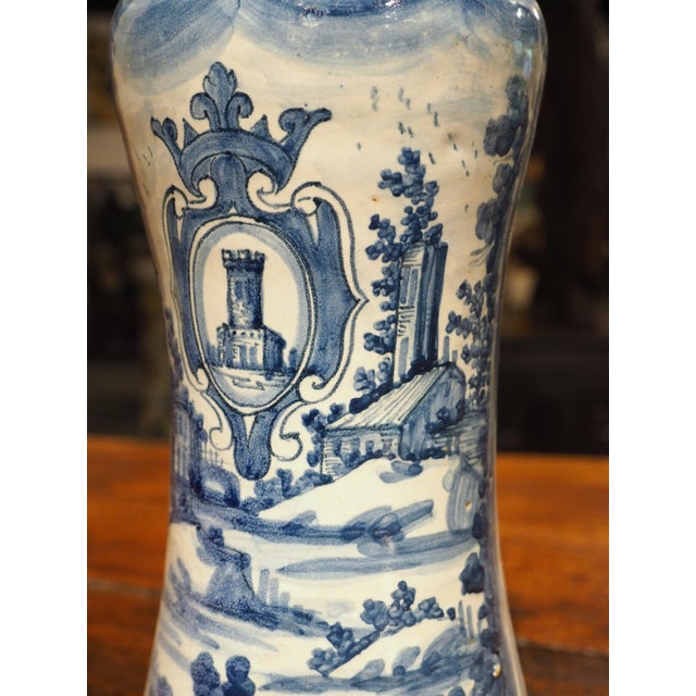 Italian Blue and White Albarello Jar With Cartouche and Landscapes, 19th C For Sale - Image 11 of 12