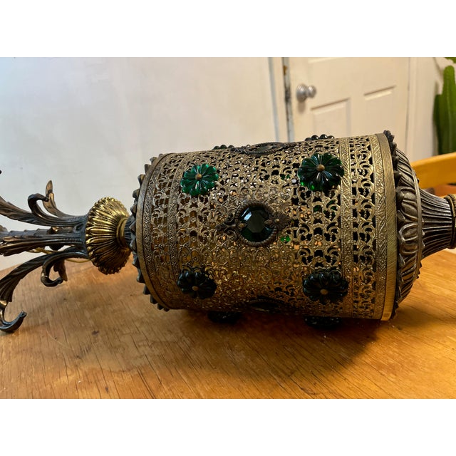 Brass MCM Hollywood Regency Glam Gold Hanging Lamp Green Jewel Swag Light For Sale - Image 8 of 15