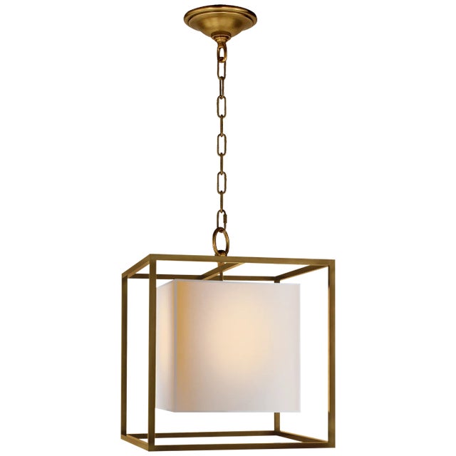 Eric Cohler for Visual Comfort Signature Caged Small Lantern in Hand-Rubbed Antique Brass with Natural Paper Shade For Sale