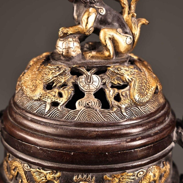1980s Solid Copper Gilt Gold & Silver High-Relief Incense Burner Censer With Laughing Buddha & Dragons For Sale - Image 5 of 10