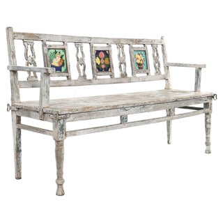 Wooden Bench with 3 Glazed Tiles For Sale