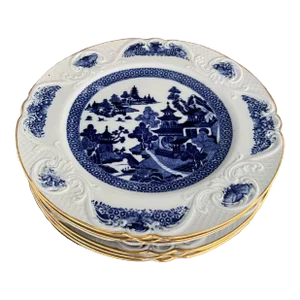 Antique 19th Century Spode Porcelain Dinner Plates Blue Willow Chinese Canton Pattern - a Set of 6
