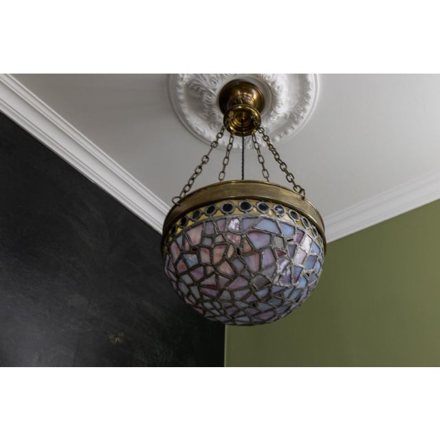 Art Nouveau French Blue and Violet Stained Glass Pendant Light, 1920s For Sale - Image 10 of 18