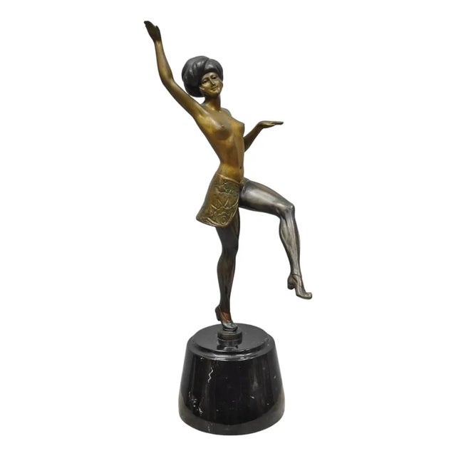 Vintage Reproduction French Art Deco Style Bronze Flapper Dancer Figure Statue For Sale