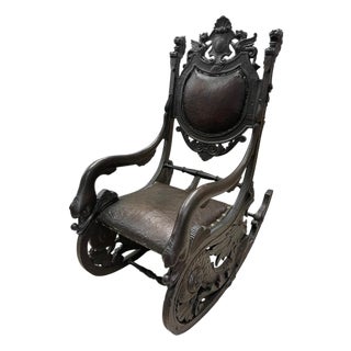 Antique Gothic Revival Carved Wood Rocking Chair Griffin Lion Figural Rocker 54" For Sale