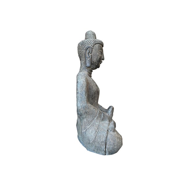 Asian 18.5" Gray Brown Distressed Marks Stone Sitting Buddha Statue For Sale - Image 3 of 10