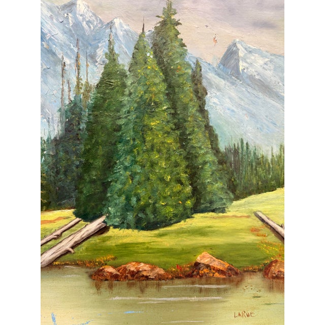 1970s 1970s Original Mountain Lake Landscape Painting by Larue For Sale - Image 5 of 9