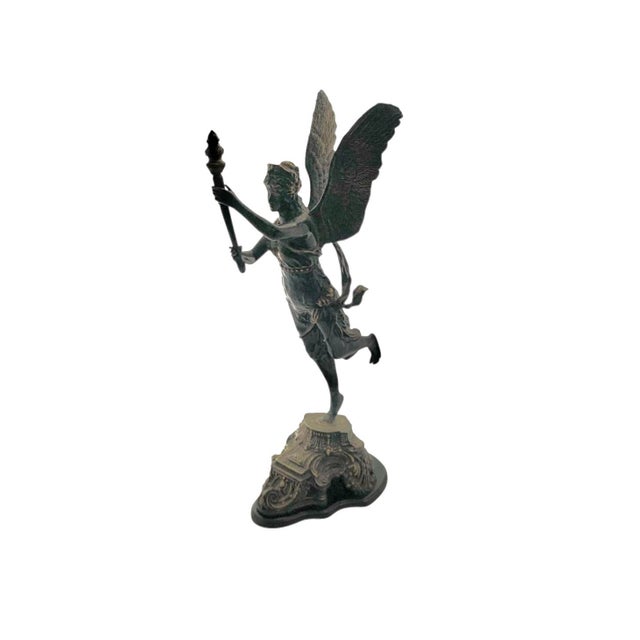 Classical Roman Winged Angel Statue Metal Goddess With Torch Sculpture Vintage Classic Decor For Sale - Image 3 of 9