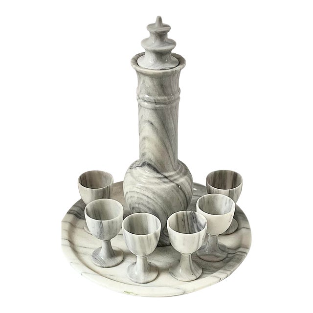 Vintage Gray Marble Sake Liquor Cordial Set Tray and Glasses Set- 8 Pieces For Sale