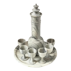 Vintage Gray Marble Sake Liquor Cordial Set Tray and Glasses Set- 8 Pieces