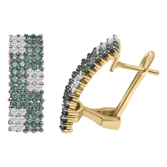 14K Yellow Gold 2.00 Cttw White and Treated Blue Diamond Four-Row Pav�� Omegaback Earrings (H-I Color, SI1-SI2 Clarity) For Sale