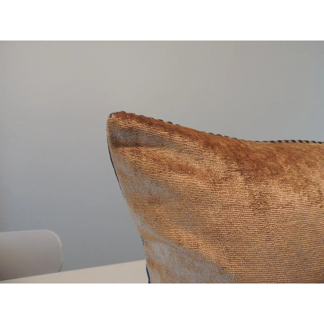 1970s Vintage Blue & Gold Silk Velvet Decorative Bolster Pillow For Sale - Image 5 of 6