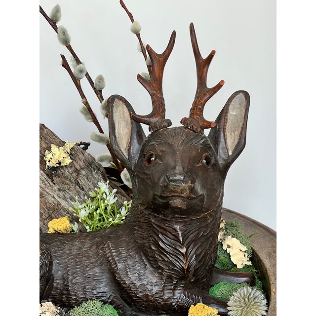 Wood Vintage Hand-Carved Wooden Deer Diorama Folk Art Stag Sculpture in Rustic Bowl Woodland Centerpi For Sale - Image 7 of 7