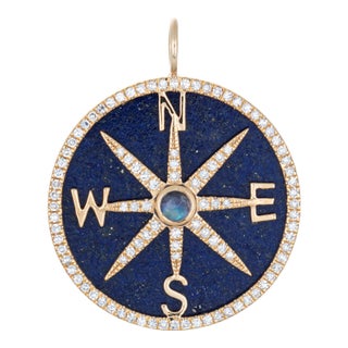 Compass Charm Lapis Lazuli Moonstone Diamond Pendant 14k Yellow Gold Jewelry For Sale
