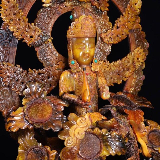 Plastic Late 19th Century Large Carved Faux Horn Bodhisattva Riding Dragon Sculpture For Sale - Image 7 of 10