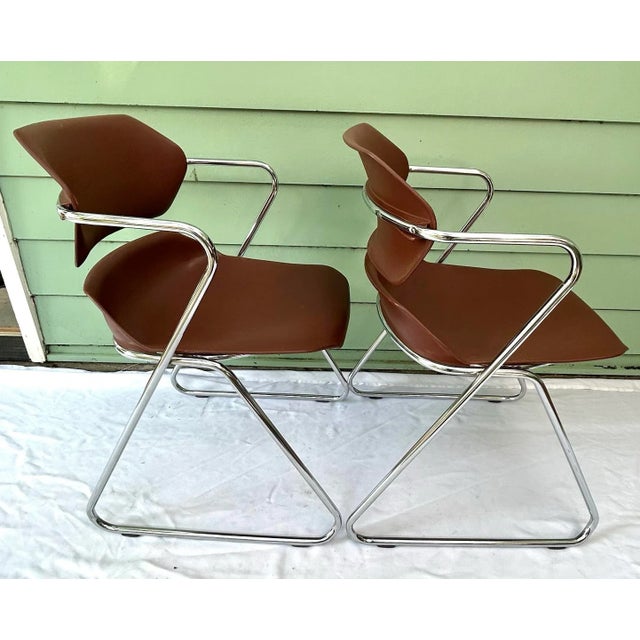 Mid-Century Modern 1970s Mid-Century Chrome Stacker Chairs – Pair, Stackable Office or Dining Seating, Sculptural Brown Seats For Sale - Image 3 of 11