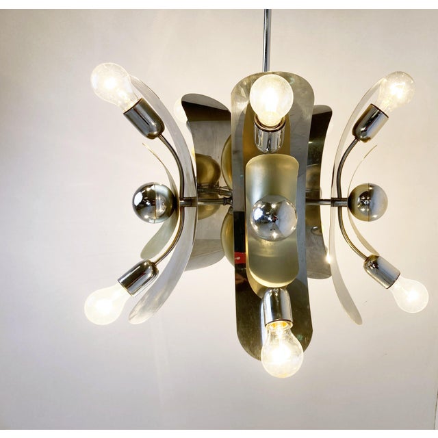1970s Vintage Italian Chrome & Brass Chandelier, 1970s For Sale - Image 5 of 13