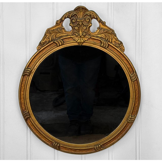 A Rococo Giltwood Gold Carved Round Mirror, c.1930's - Solid Wood Frame with Plastered Detailing - 18" x 21" - Ready to...