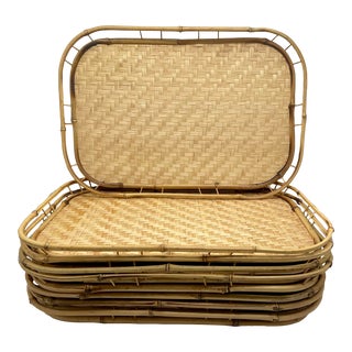 Mid-Century Boho Stacking Woven Rattan & Bamboo Serving Trays - Set of 8 For Sale