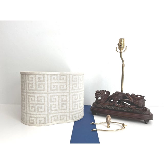 Asian Carved Wood Dragon Roof Tile Lamp & Shade For Sale - Image 14 of 15