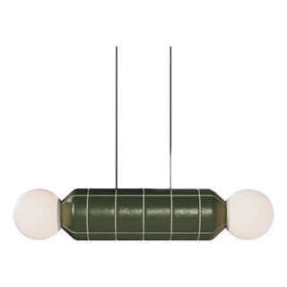 Modern Horizontal Pendant Light With Ceramic Base – Green – Handcrafted For Sale