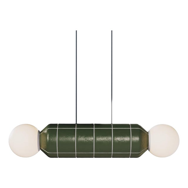 Modern Horizontal Pendant Light With Ceramic Base – Green – Handcrafted For Sale