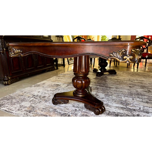 Solid Wood Double-Pedestal Dining Table Set With 6 Carved Chairs – European Traditional Luxury For Sale - Image 4 of 12