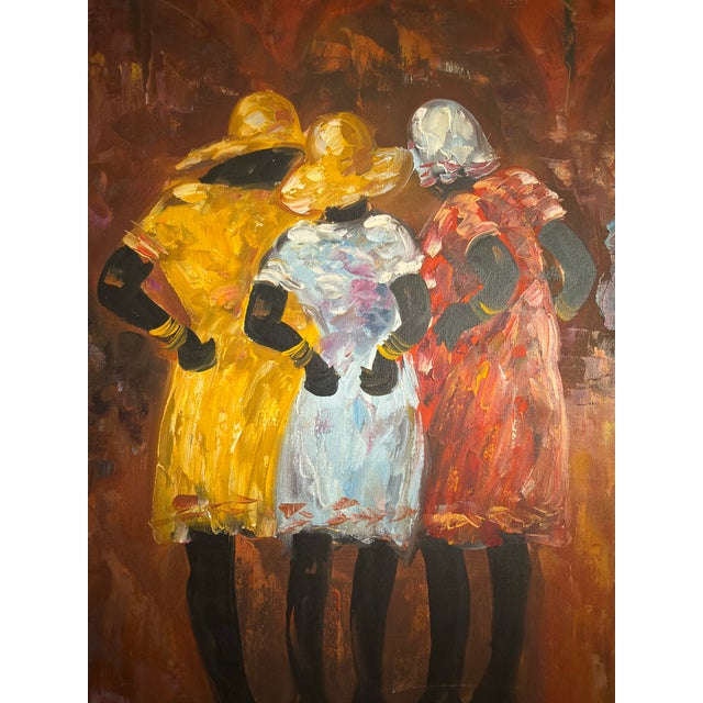 "The Gathering" Signed Vibrant Vintage Mid-Century Impressionist Oil on Canvas Painting with gold painting frame still...