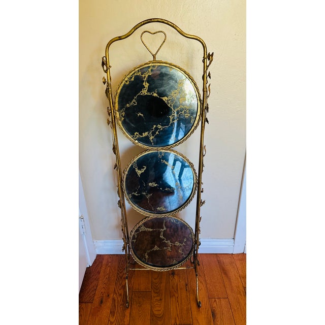 Italian 1950s Italian Gold Gilt Étagère Three-Tiers Foldable Serving Tray Table For Sale - Image 3 of 14
