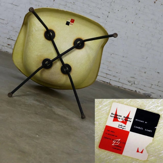 Vintage Mid Century Modern Eames Herman Miller Lax Fiberglass Arm Shell Chair X Base Zenith Rope Edge Yellow For Sale - Image 9 of 13