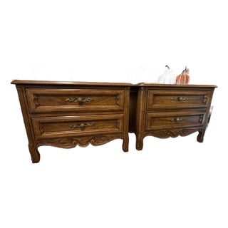 1970s Drexel Cabernet French Provincial Two-Drawer Nightstands — A Pair For Sale
