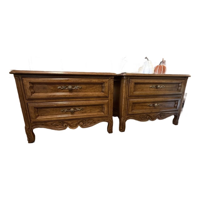 1970s Drexel Cabernet French Provincial Two-Drawer Nightstands — A Pair For Sale