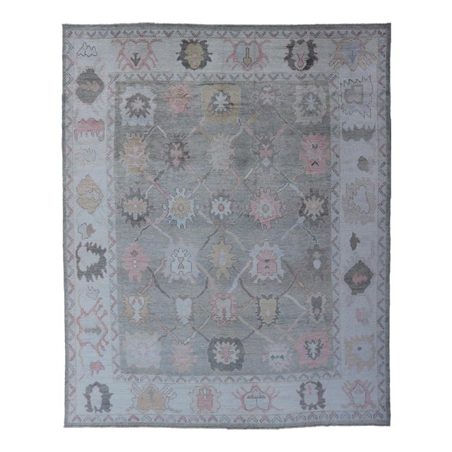 Tribal Design Turkish Oushak Rug With Medallions in Light Green and Multi Colors 9'0 X 11'9 For Sale