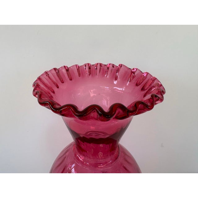 1970s Vintage Fenton Cranberry Coin Dot Vase With Ruffled Rim 10.5” For Sale - Image 5 of 7