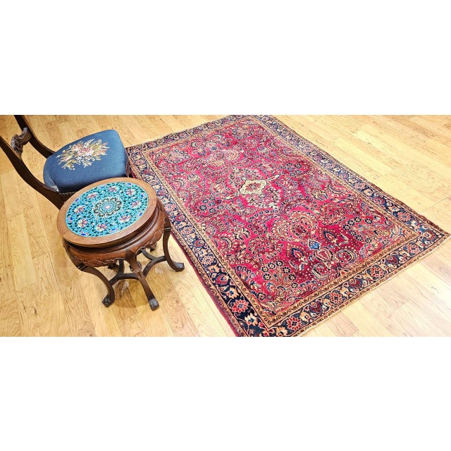 Antique Persian Sarouk Area Rug, Hand-Knotted Wool, Allover Floral Pattern, 4x6, Red & Navy For Sale - Image 9 of 17
