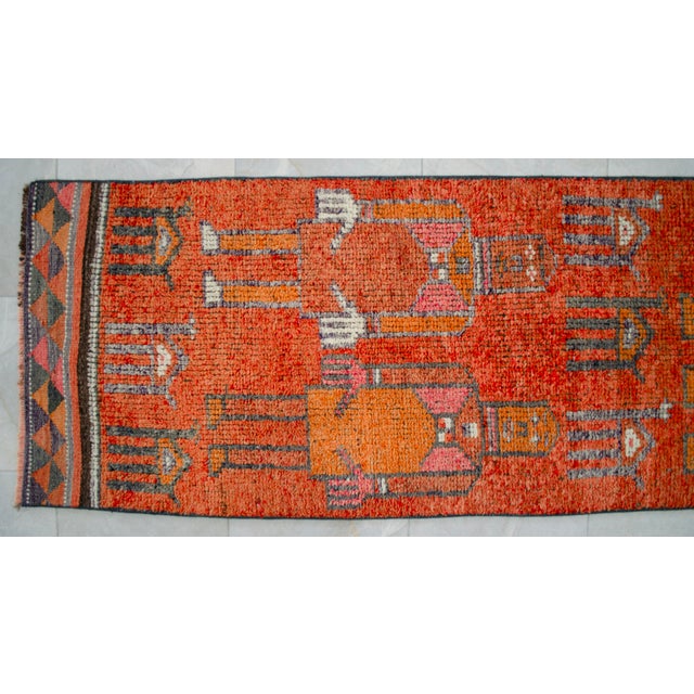 Orange 1970s Vintage Hand Knotted Turkish Rug Orange Gray Kitchen Runner 2x11 Rare Mythological Ancient Aliens Motif Rug For Sale - Image 8 of 12