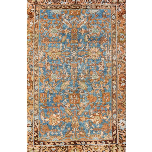 Botanical Design Persian Malayer Antique Rug in Blue, Rust, and Orange Tones For Sale - Image 4 of 12