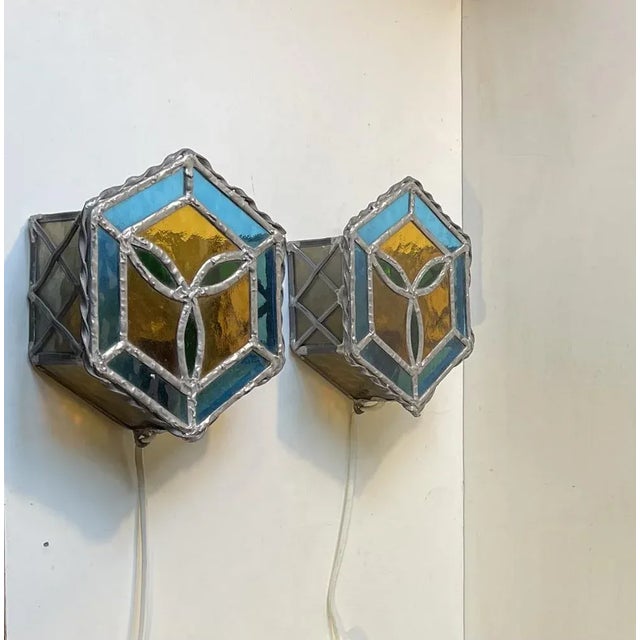 Blue Vintage Gothic Stained Glass Wall Sconces, 1970s, Set of 2 For Sale - Image 8 of 12